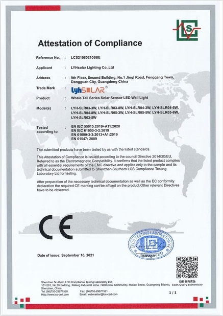 Китай DONGGUAN LYHSOLAR LIGHTING CO.,LTD Сертификаты