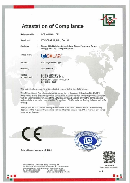 Китай DONGGUAN LYHSOLAR LIGHTING CO.,LTD Сертификаты